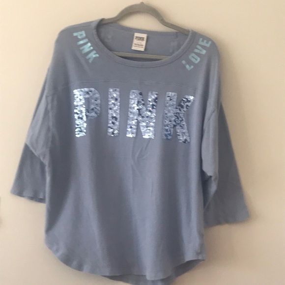 Pink Victoria’s Secret Blue Sequins Logo 3/4 Sleeve Shirt - Picture 6 of 9